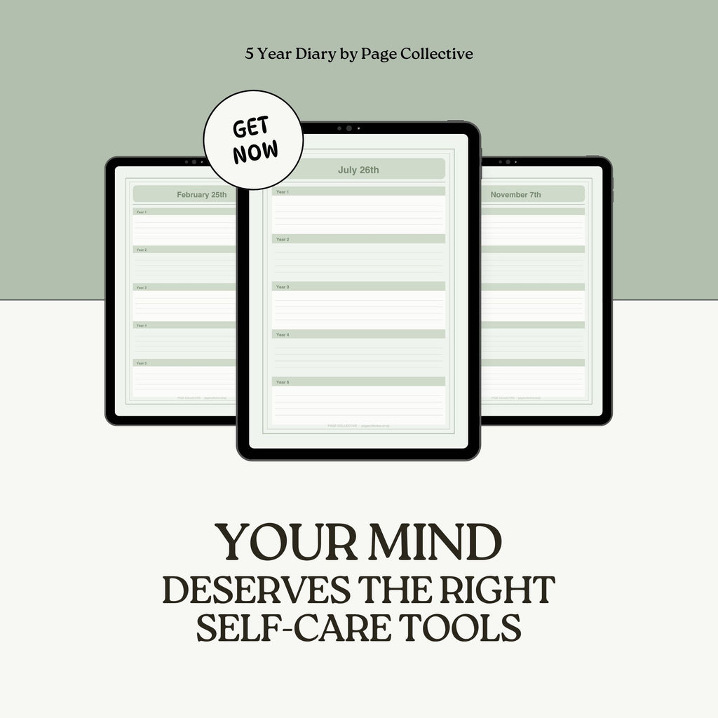 Promotional graphic for a 5-year diary by Page Collective with text 'Your mind deserves the right self-care tools'.