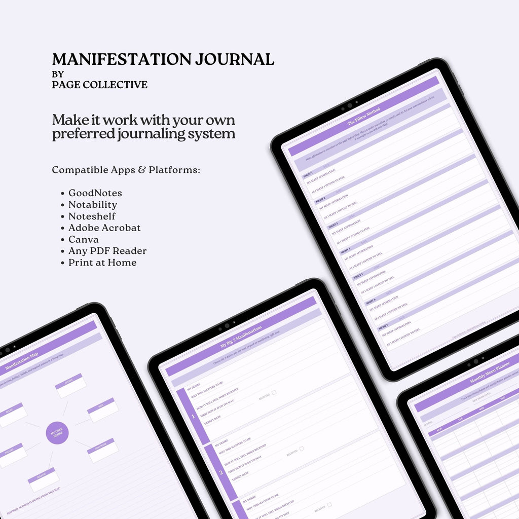 Manifestation Journal by Page Collective on digital devices with text about compatibility.