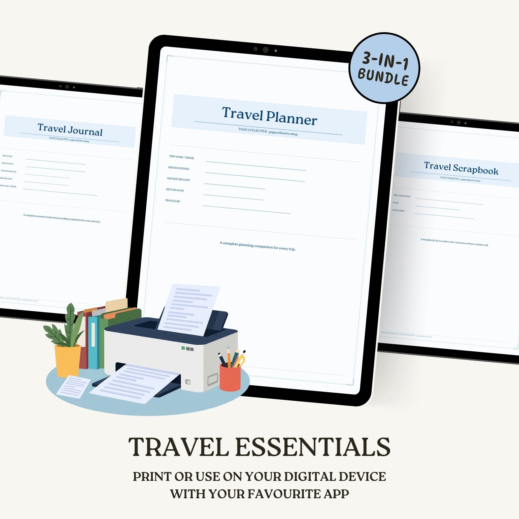 Digital travel planner bundle on a tablet screen with stationery items below.