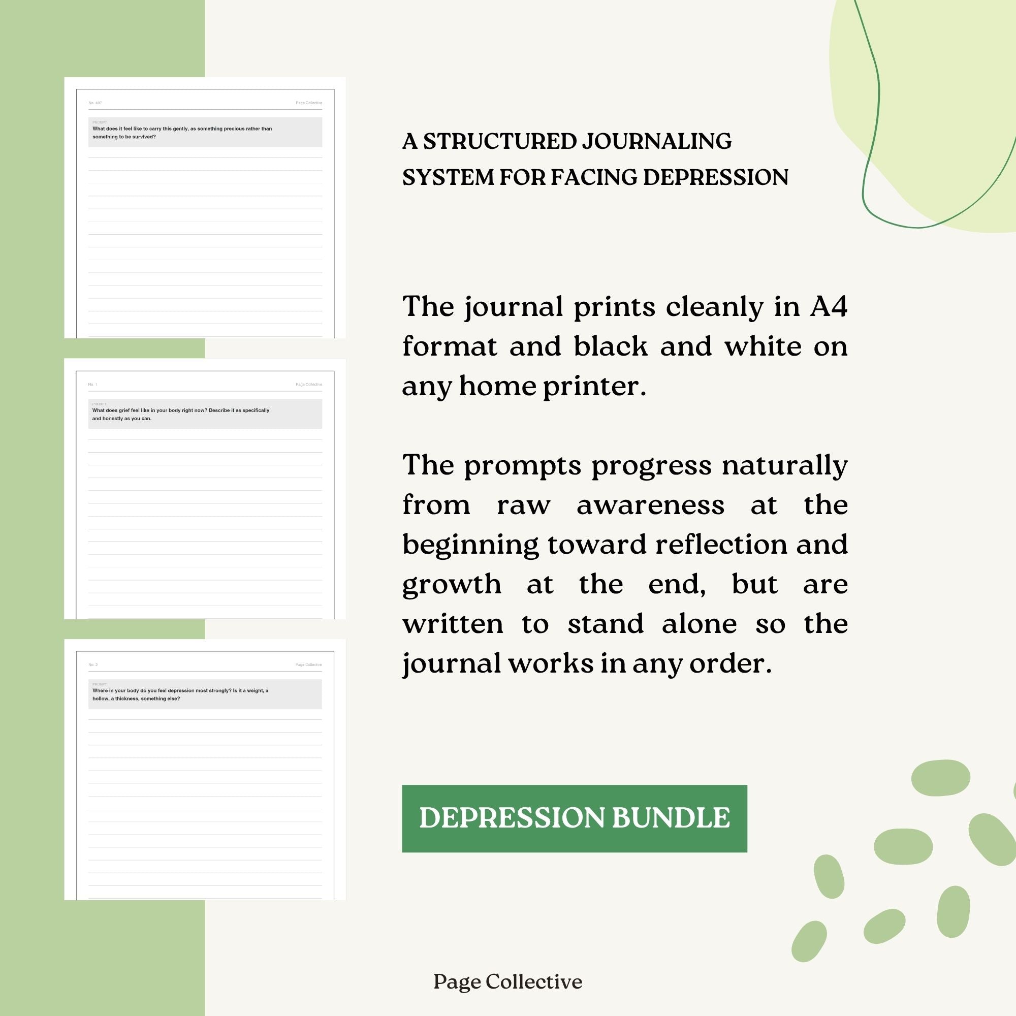 Depression journal bundle with text on a light green background