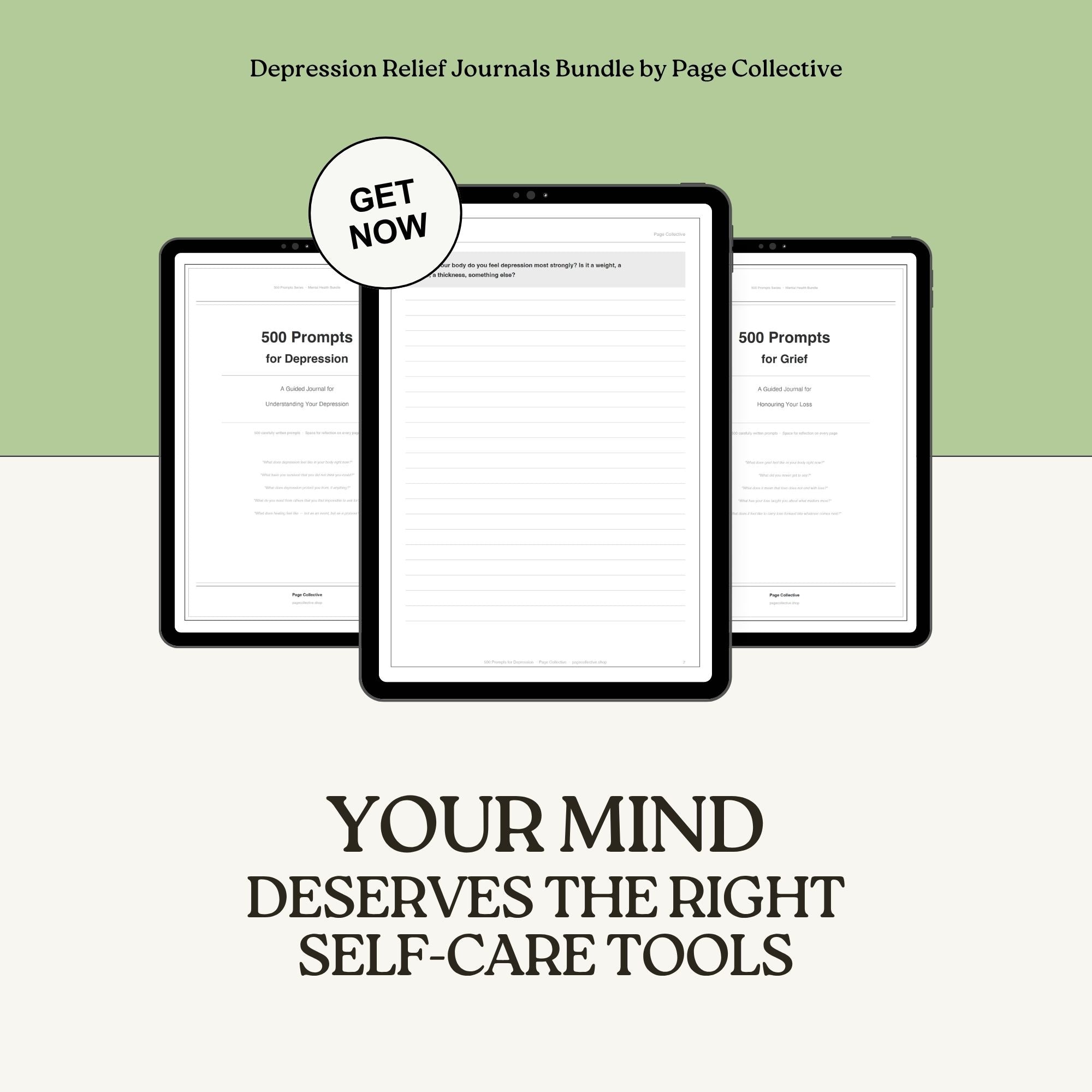 Depression Relief Journals Bundle by Page Collective with digital device displaying journal pages on a green and white background.