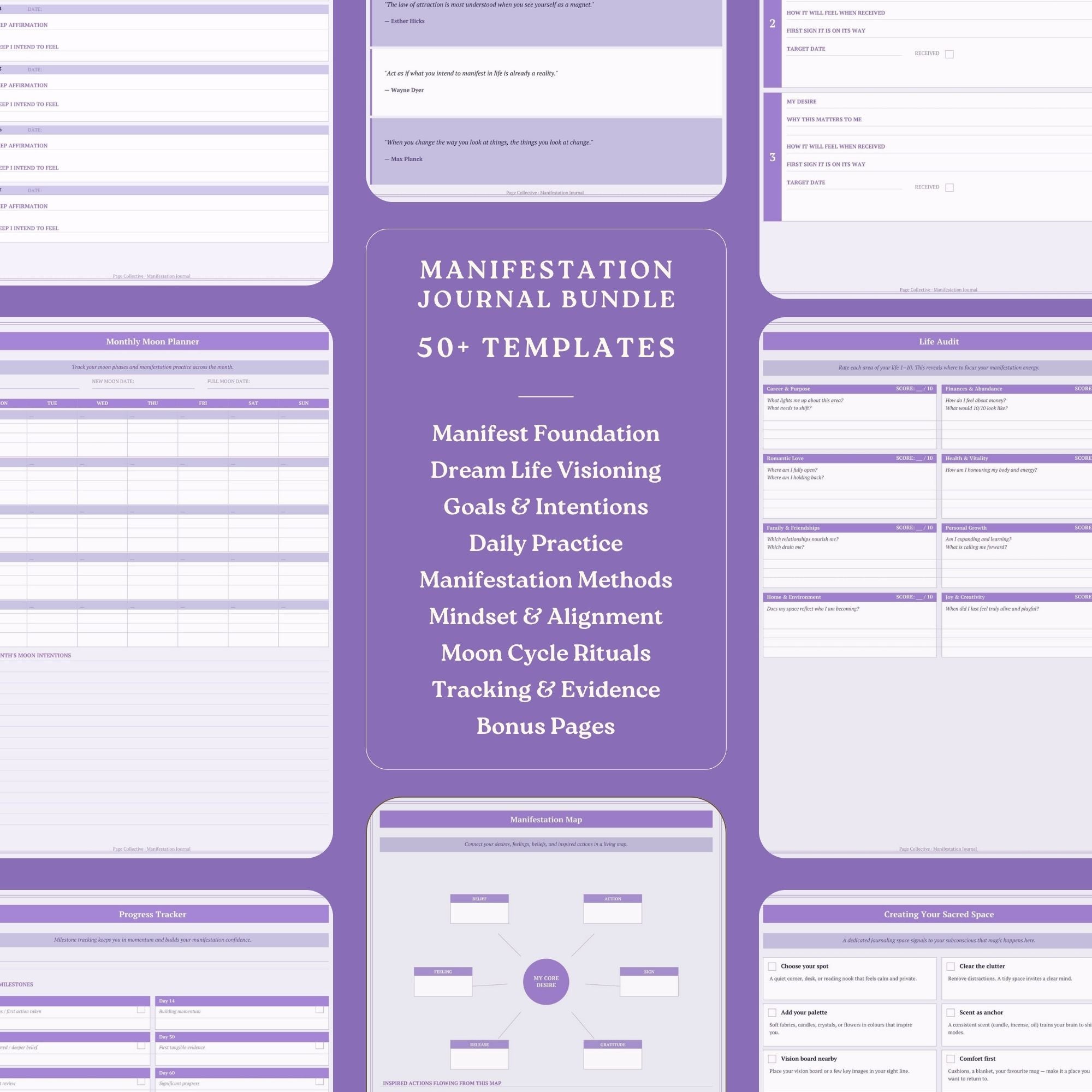 Manifestation journal bundle with various templates on a purple background