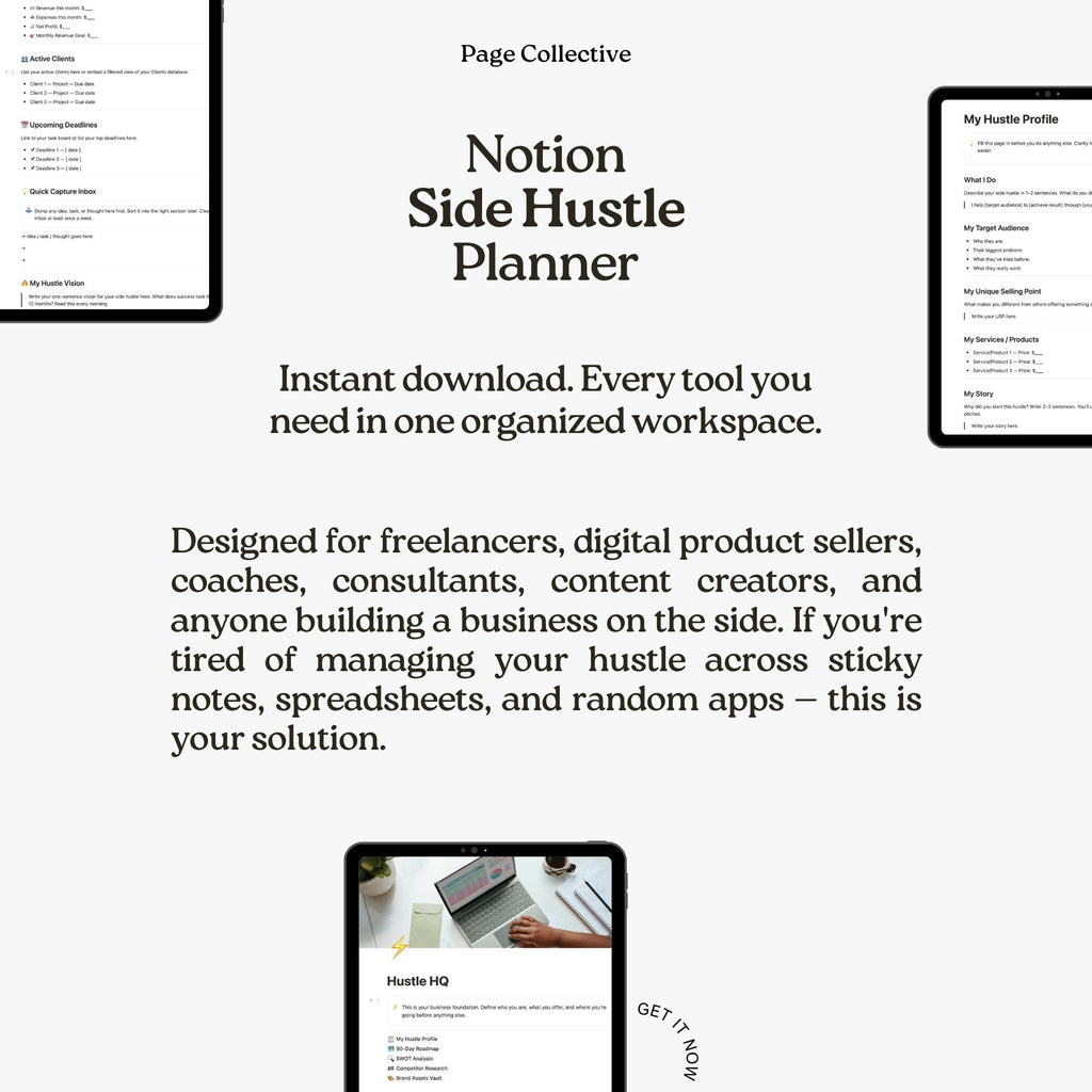 Promotional infographic for Notion Side Hustle Planner by Page Collective