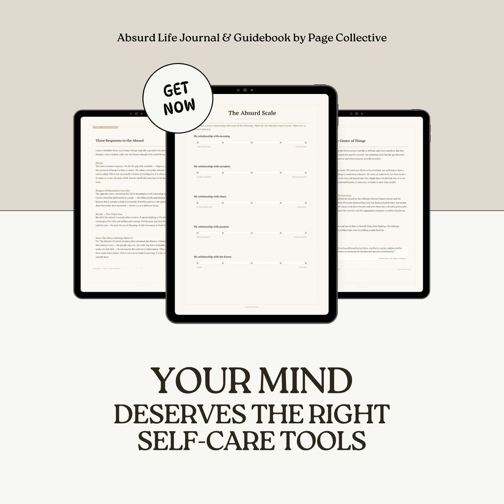 Absurd Life Journal & Guidebook by Page Collective with tablet screens displaying pages, and text 'Your mind deserves the right self-care tools'.