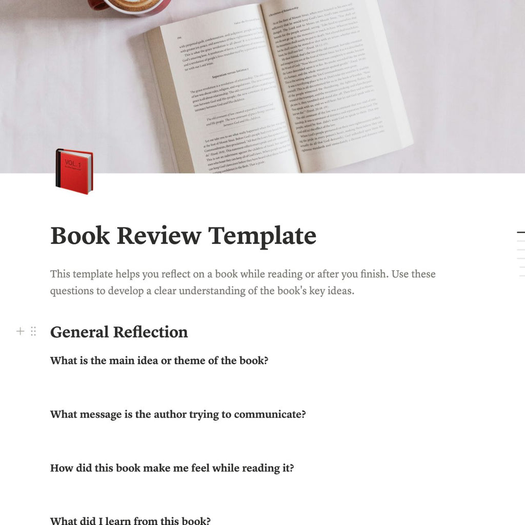 Book review template with an open book and a cup of tea on a light background