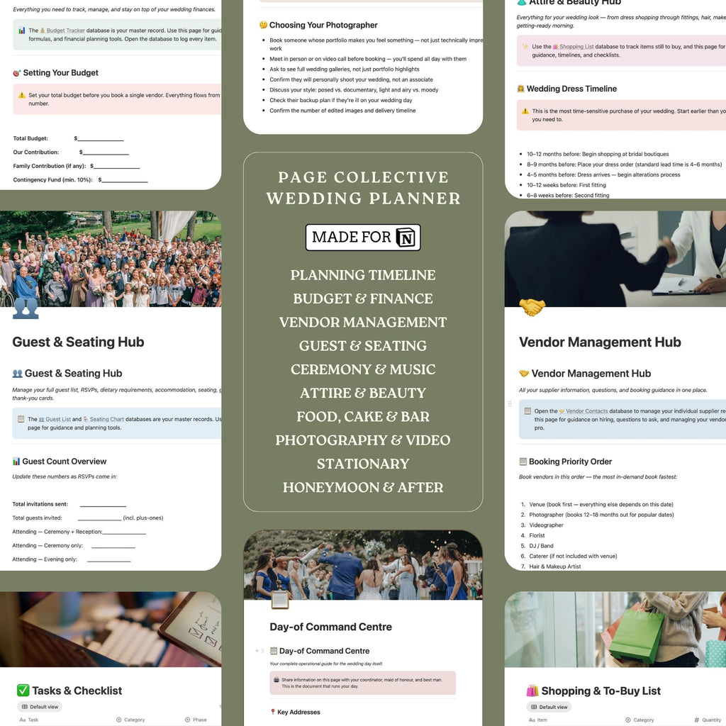 Collage of screenshots from a wedding planning software with various features highlighted.