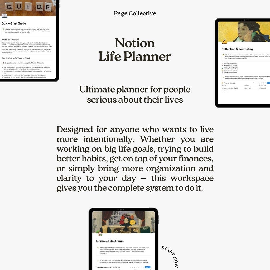 Advertisement for Notion Life Planner with text and screenshots on a white background