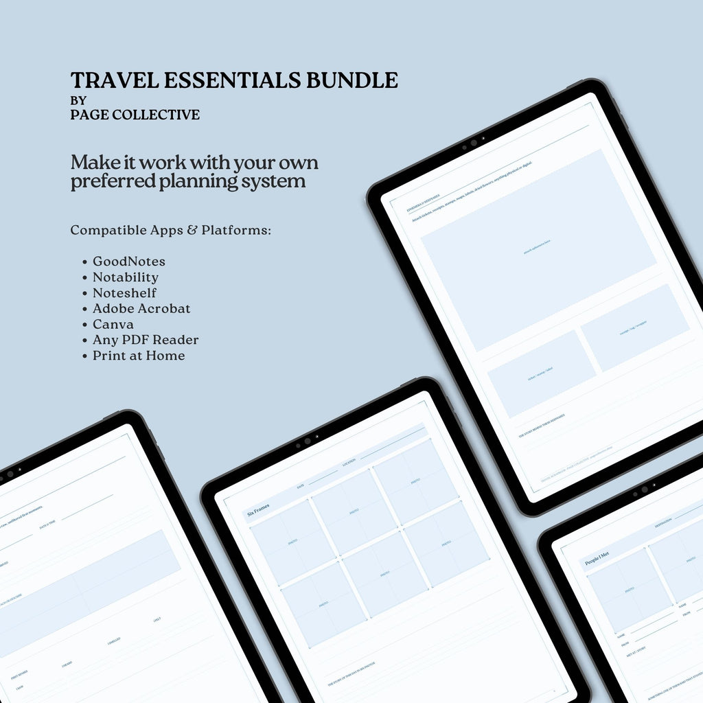 Travel essentials bundle by Page Collective with digital planning tools on tablets.