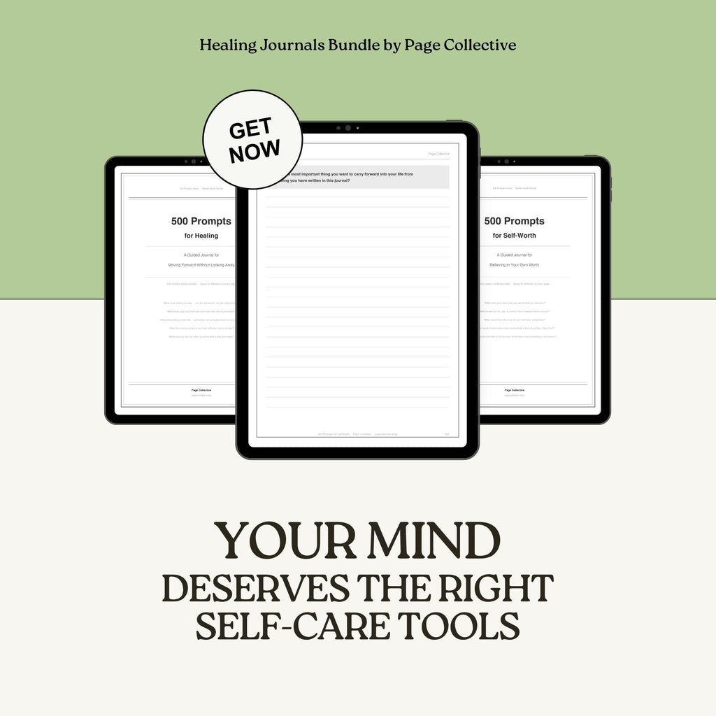 Healing Journals Bundle by Page Collective with digital device displaying journal pages on a green and white background.