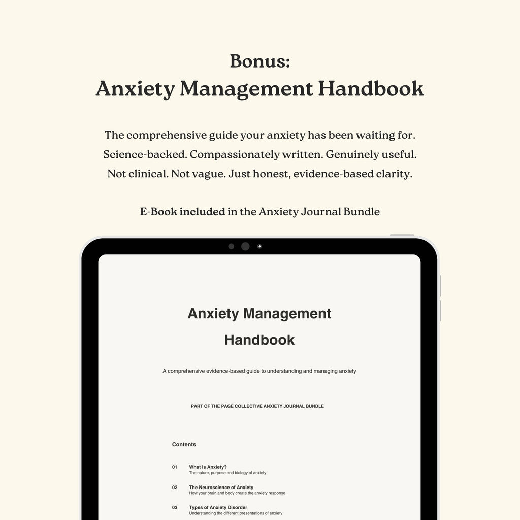 Tablet displaying the Anxiety Management Handbook with a beige background