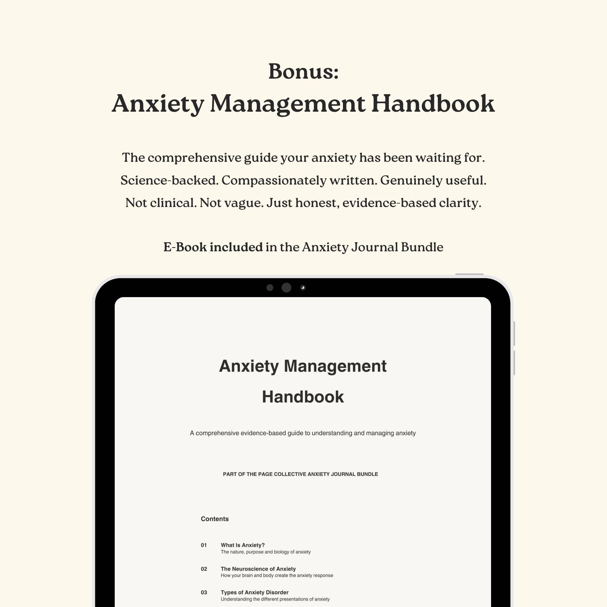 Tablet displaying the Anxiety Management Handbook with a beige background