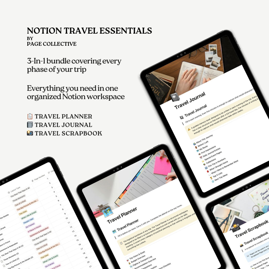 Notion travel essentials bundle with screens showing travel planner, journal, and scrapbook on a white background.