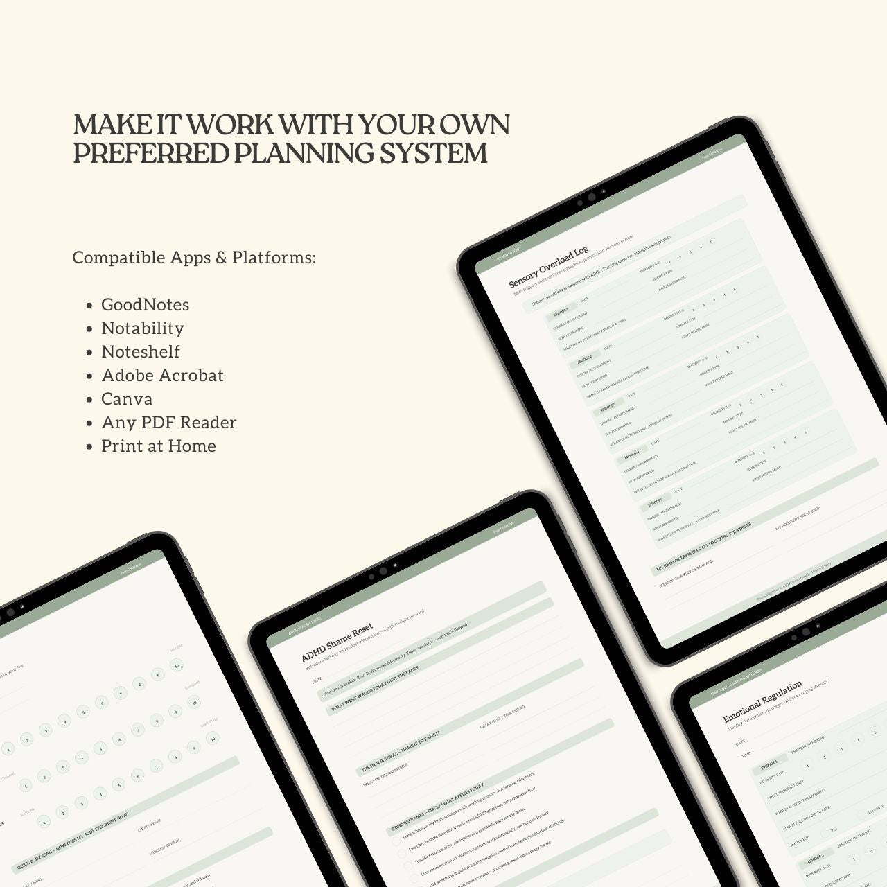 Multiple tablets displaying a planner app on a white background with text about compatible apps and platforms.