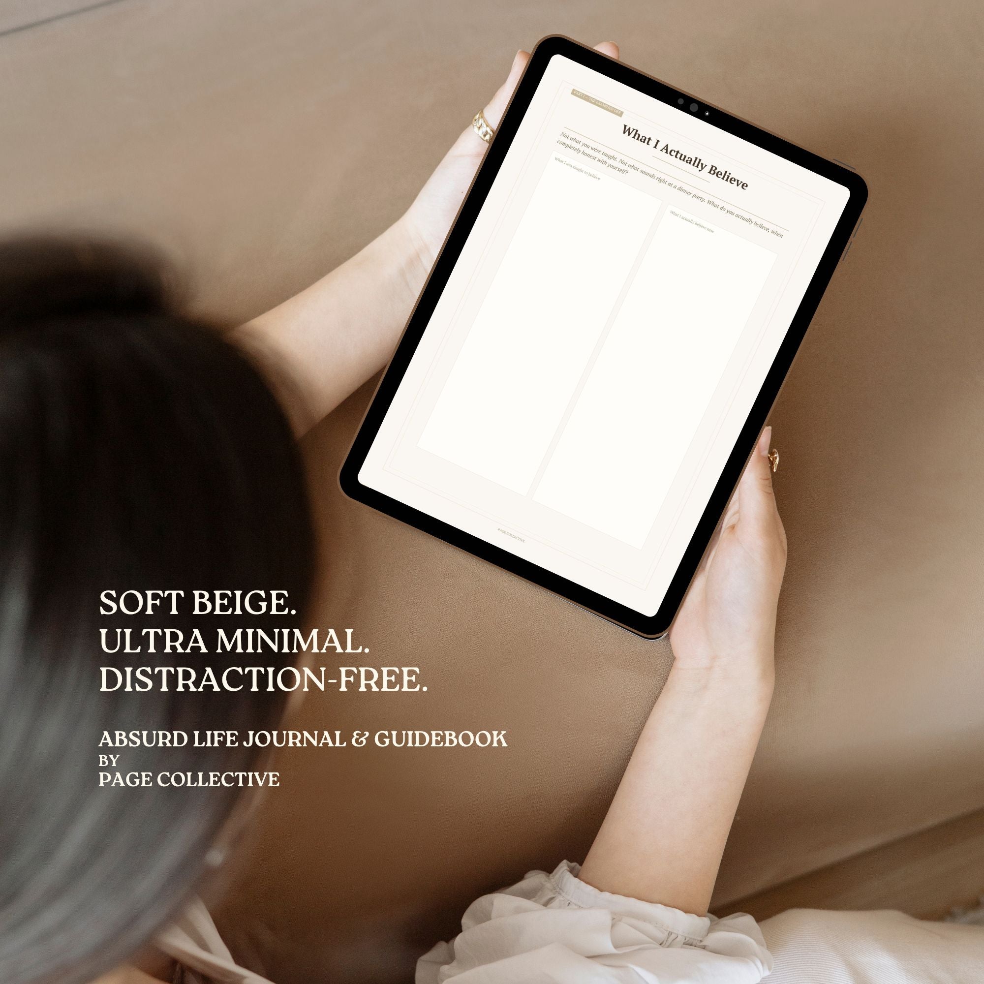 Person holding a tablet with a minimalistic design on a beige background