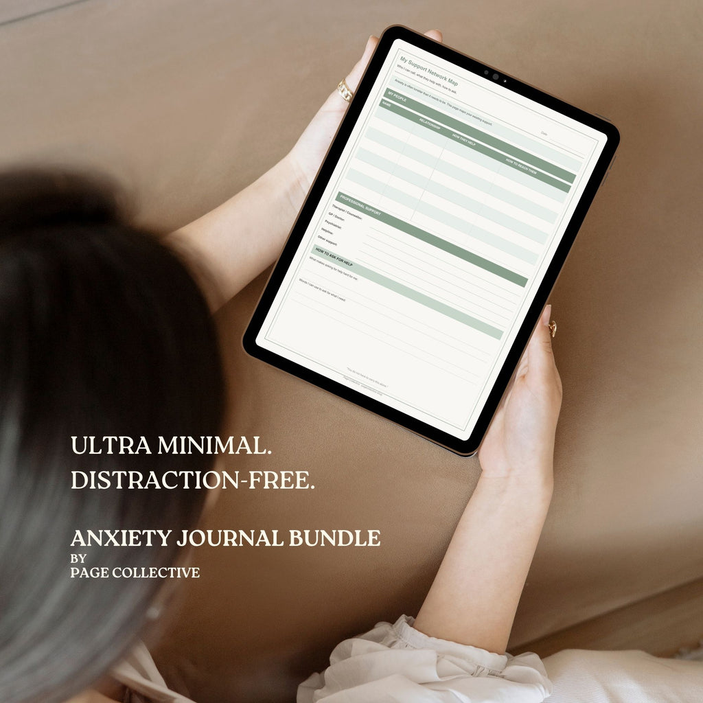 Person holding a tablet with an anxiety journal on a neutral background