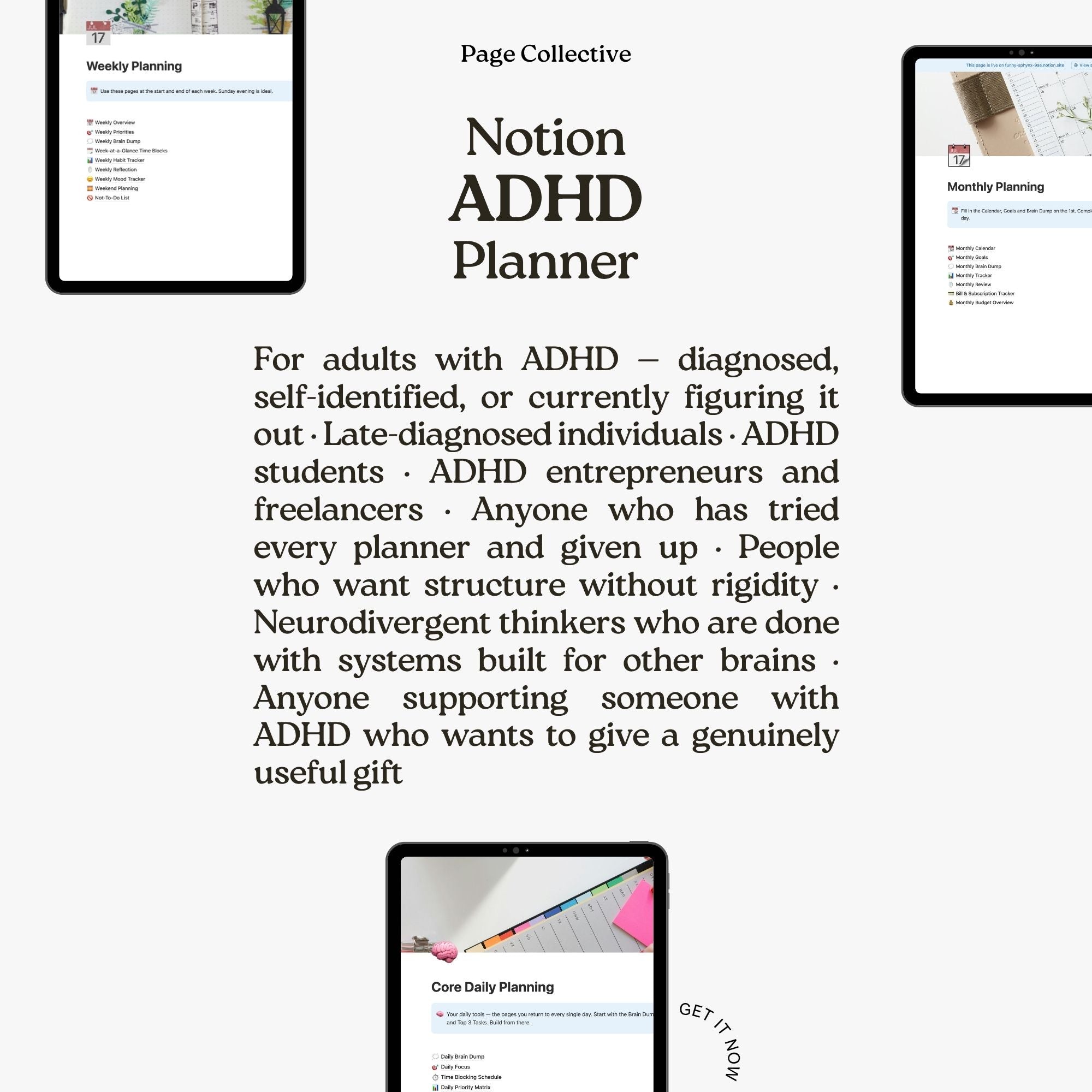 Advertisement for Notion ADHD Planner with text and product images on a white background