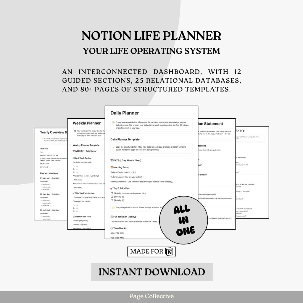 Notion life planner with various sections and templates on a white background