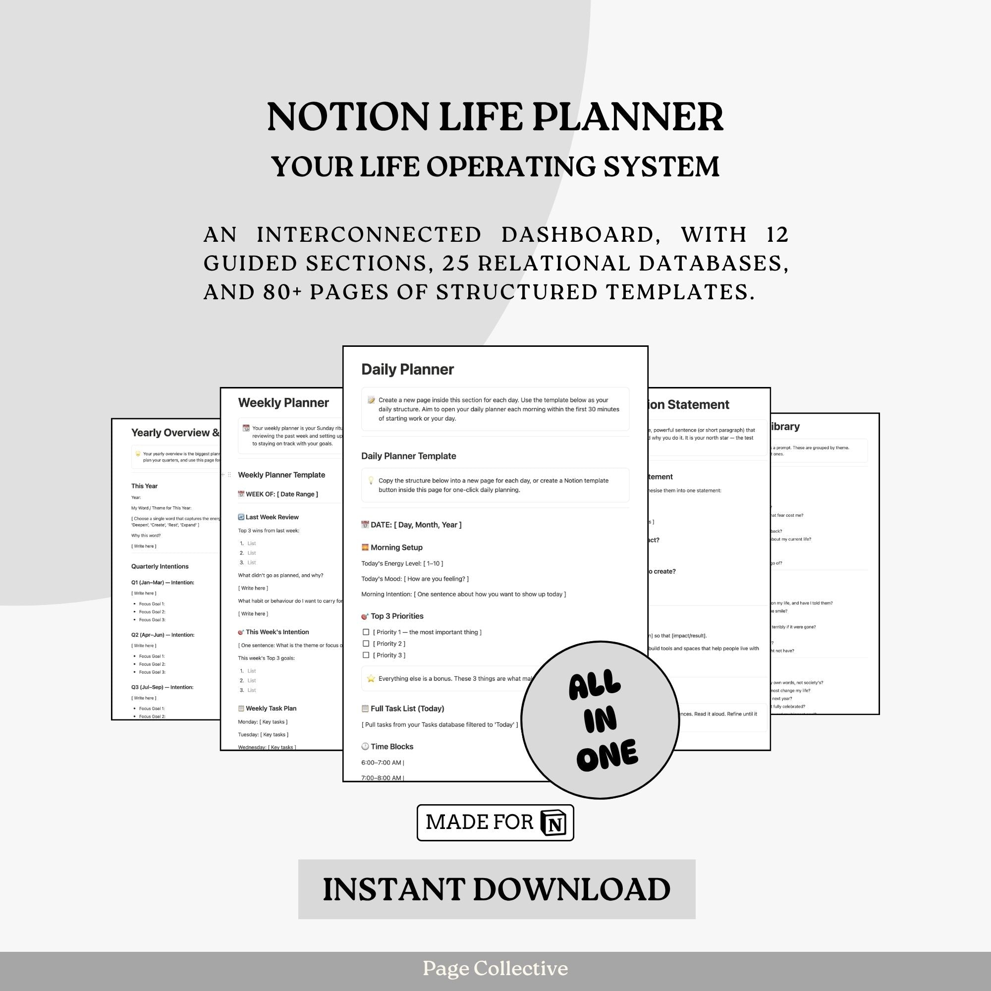 Notion life planner with various sections and templates on a white background