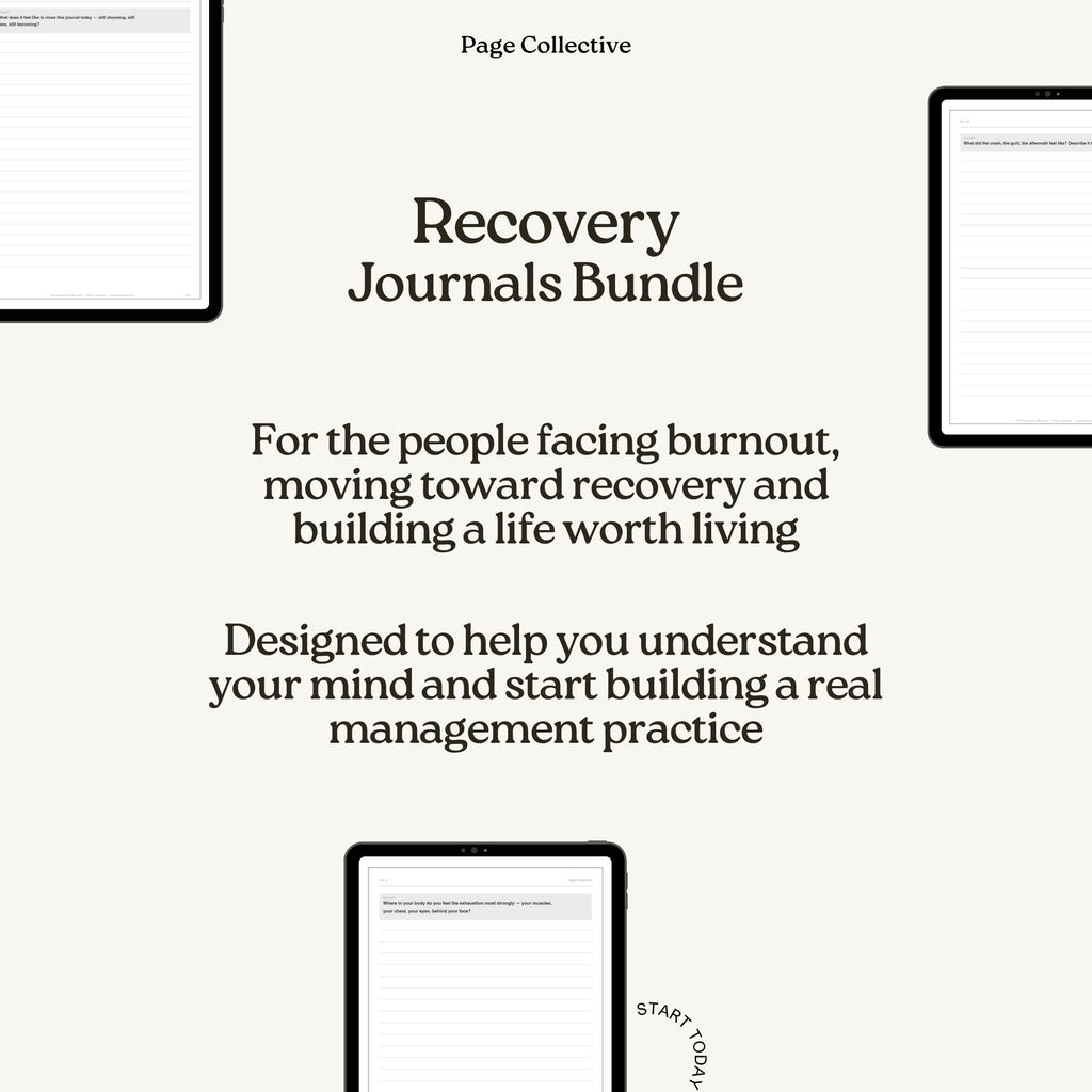 Promotional graphic for 'Recovery Journals Bundle' by Page Collective on a white background.