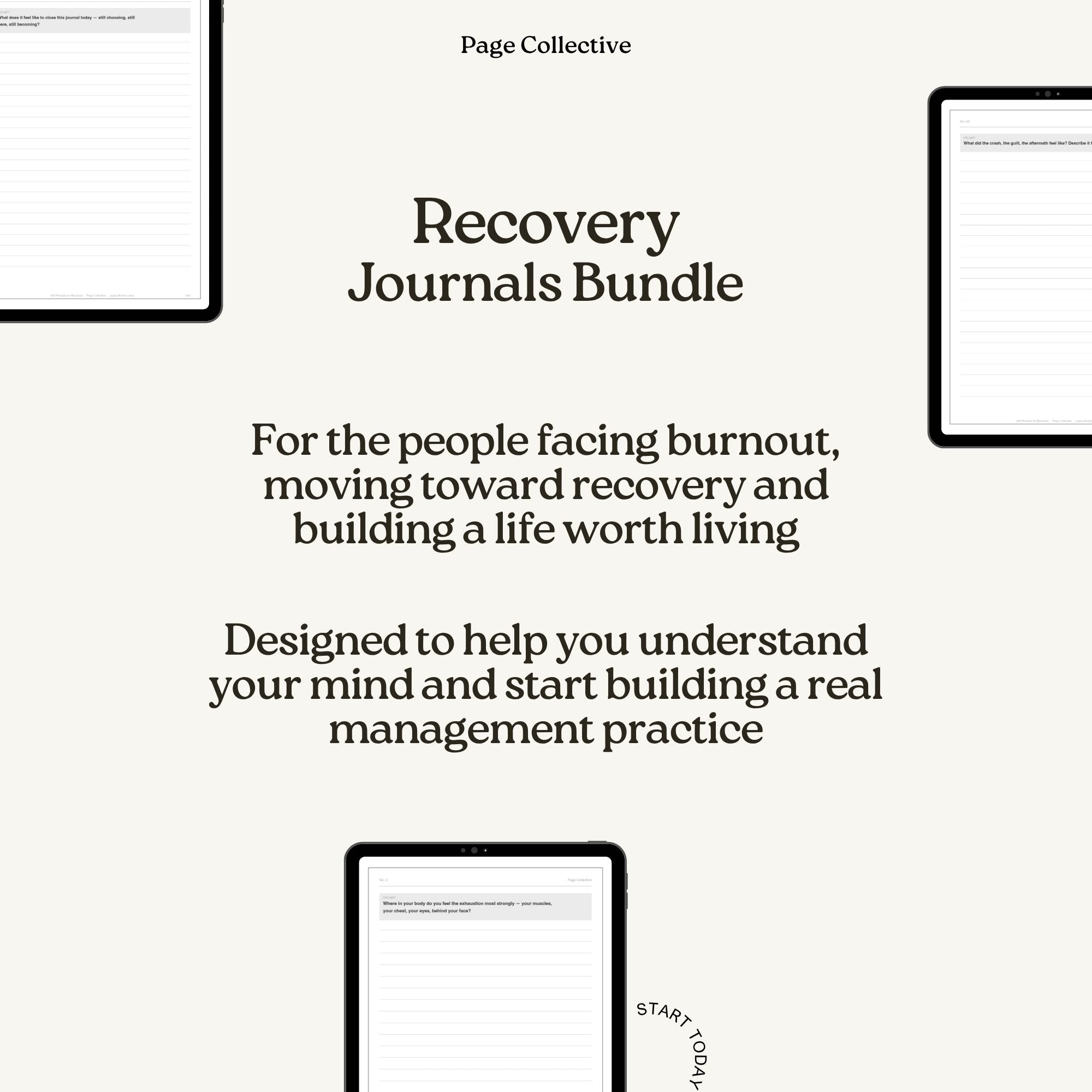Promotional graphic for 'Recovery Journals Bundle' by Page Collective on a white background.