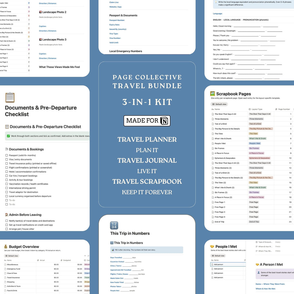 Collection of travel planning checklists and forms on a blue background