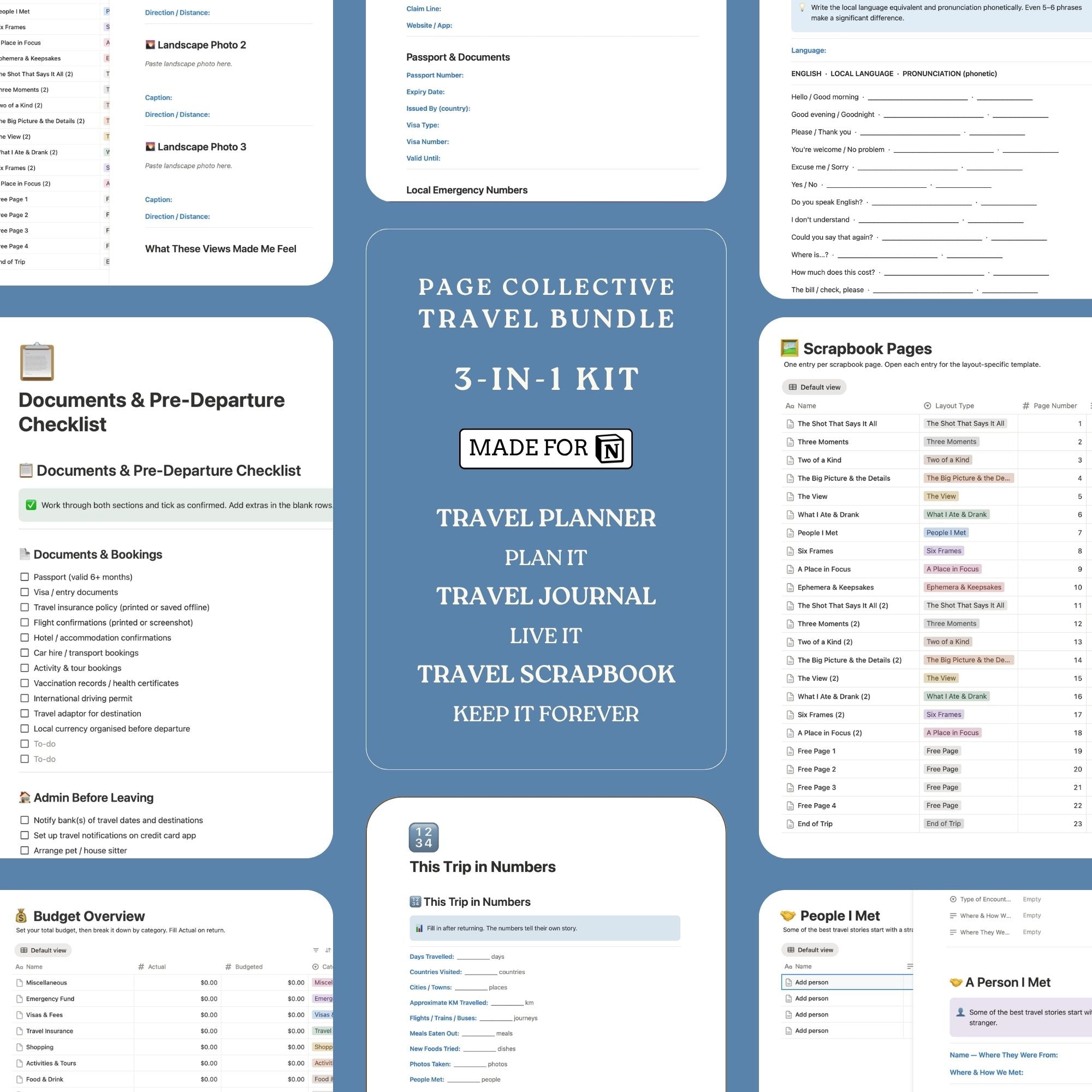 Collection of travel planning checklists and forms on a blue background