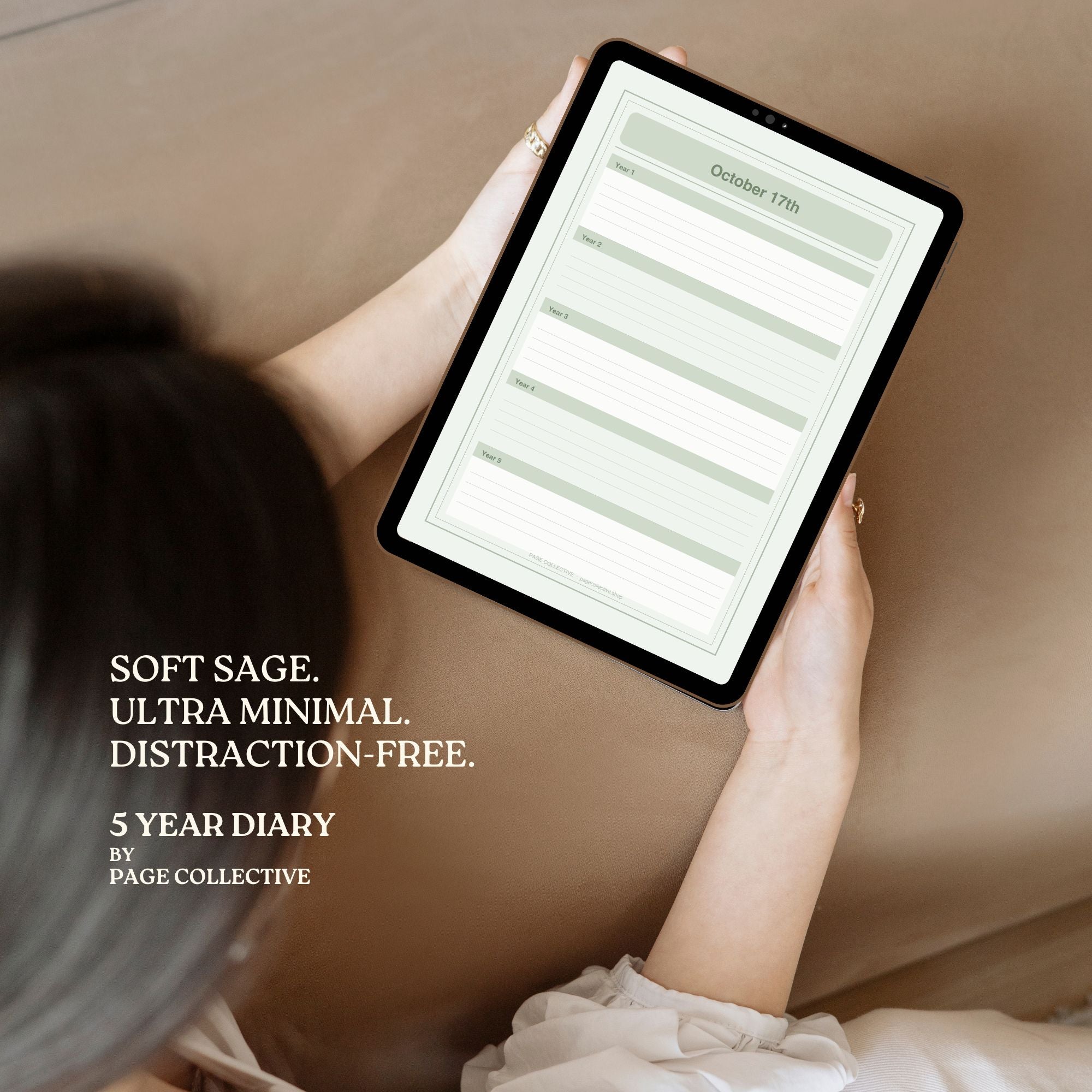 Person holding a digital tablet with a journal app on a beige background, promoting a 5-year journal by Page Collective.
