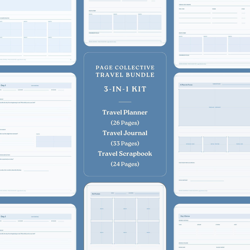 Travel planner, journal, and scrapbook bundle with blue and white design