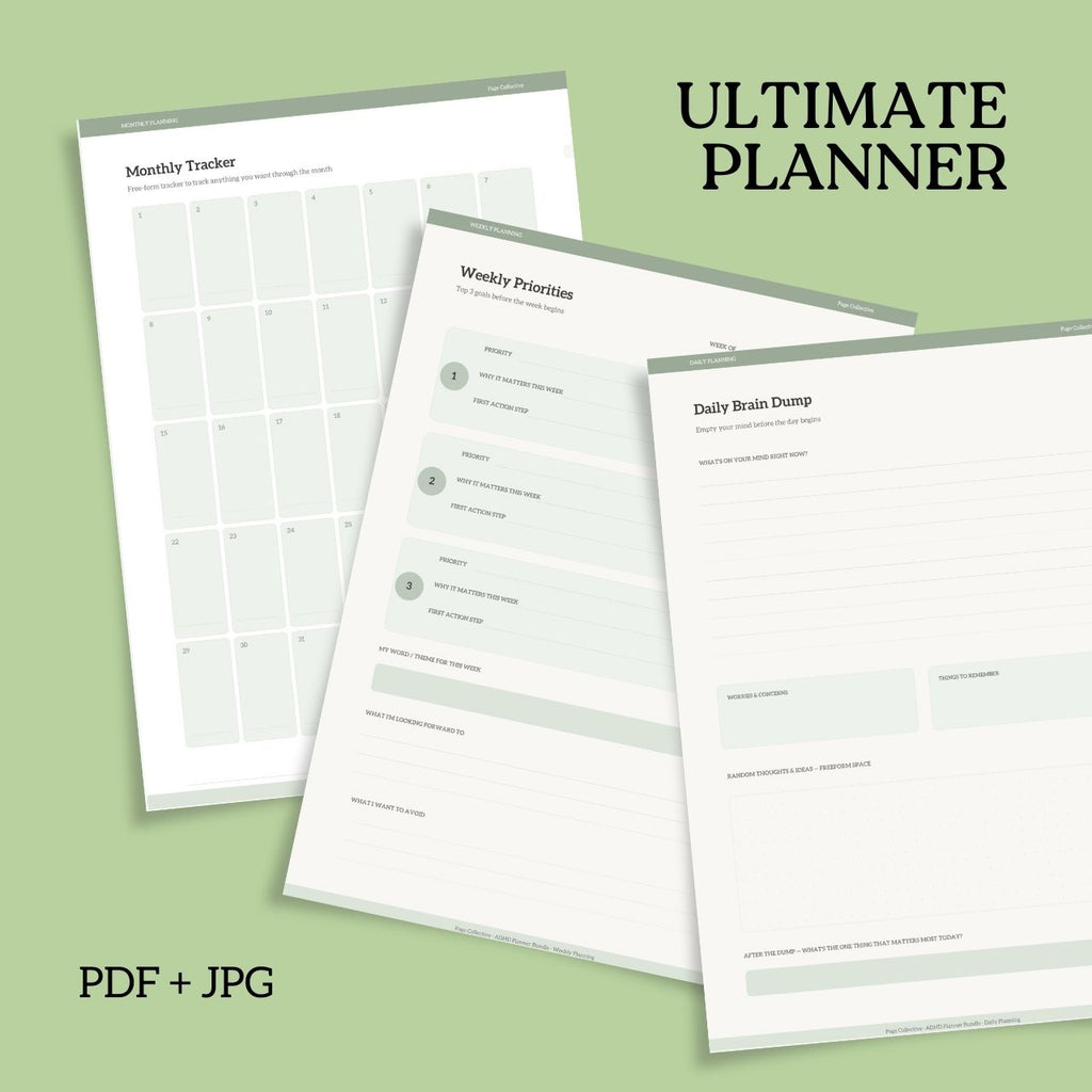 Three planner sheets titled 'Monthly Tracker', 'Weekly Priorities', and 'Daily Brain Dump' on a green background with 'Ultimate Planner' text.