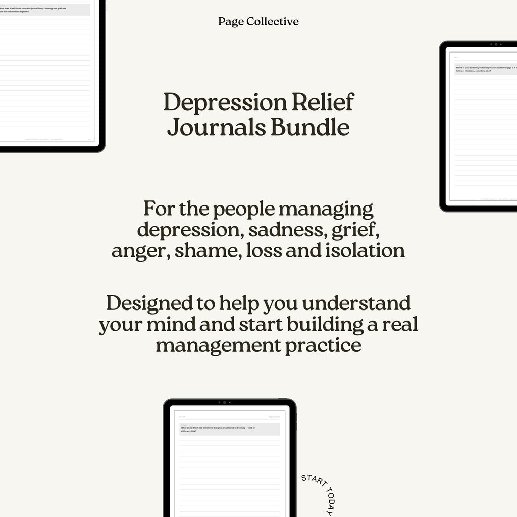 Advertisement for Depression Relief Journals Bundle by Page Collective on a white background.