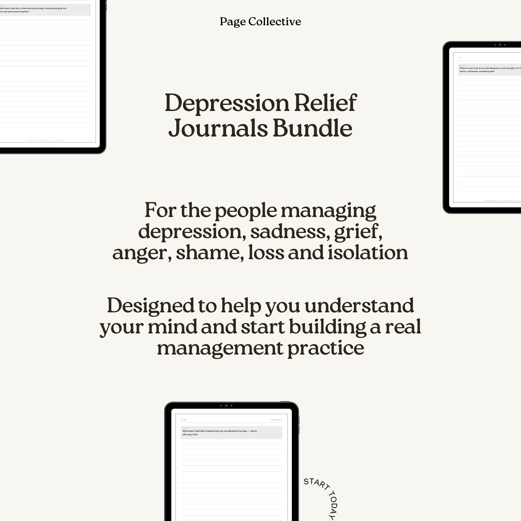 Advertisement for Depression Relief Journals Bundle by Page Collective on a white background.