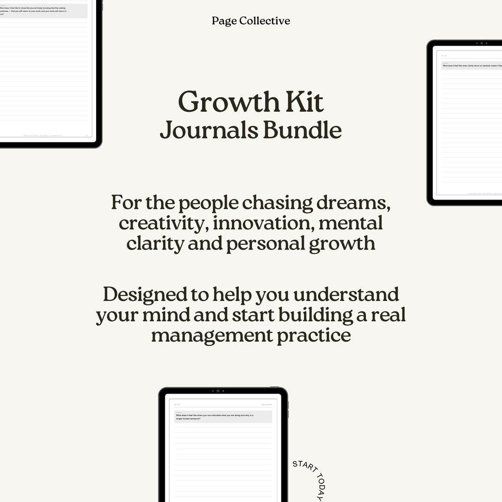 Promotional graphic for 'Growth Journals Bundle' by Page Collective on a white background.
