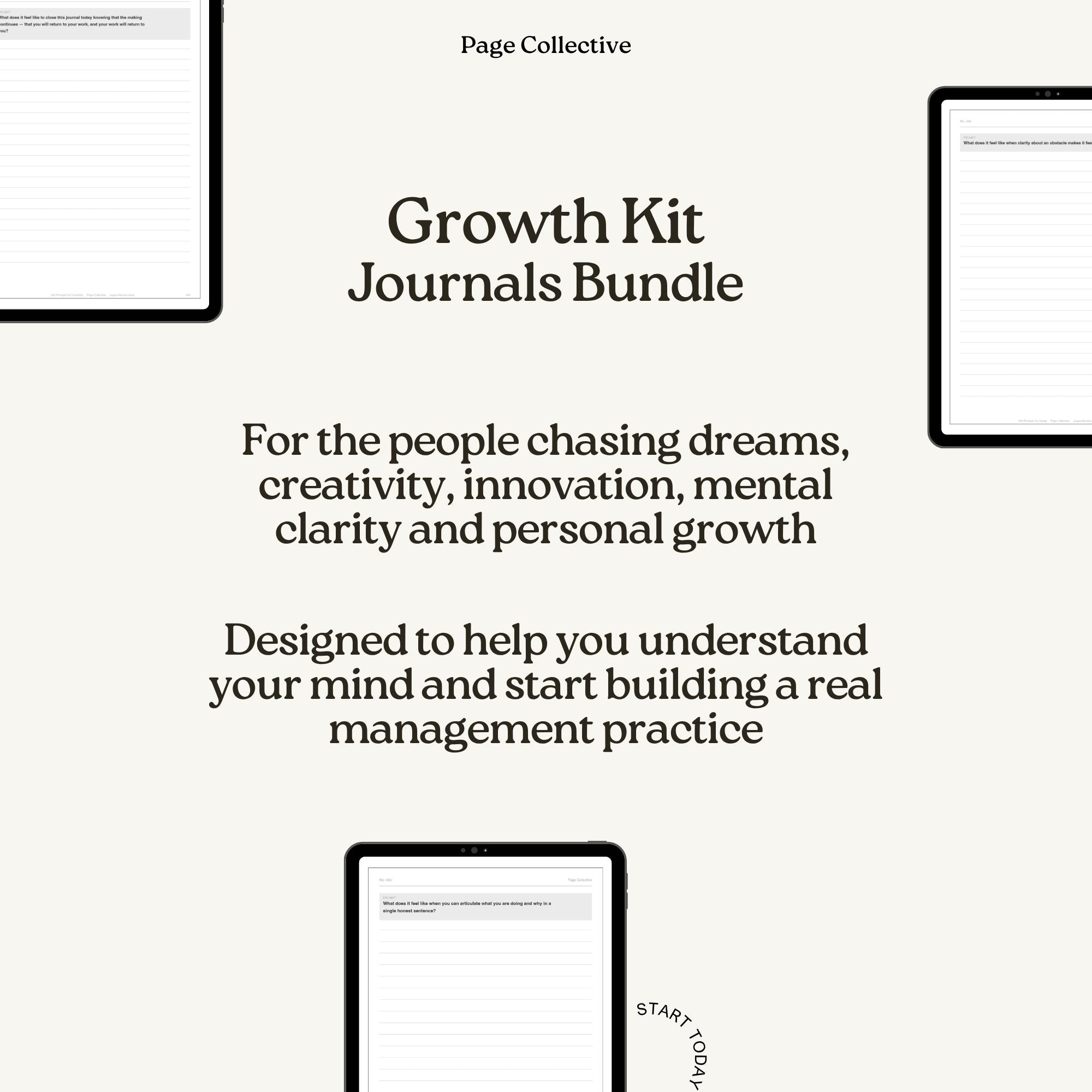 Promotional graphic for 'Growth Journals Bundle' by Page Collective on a white background.