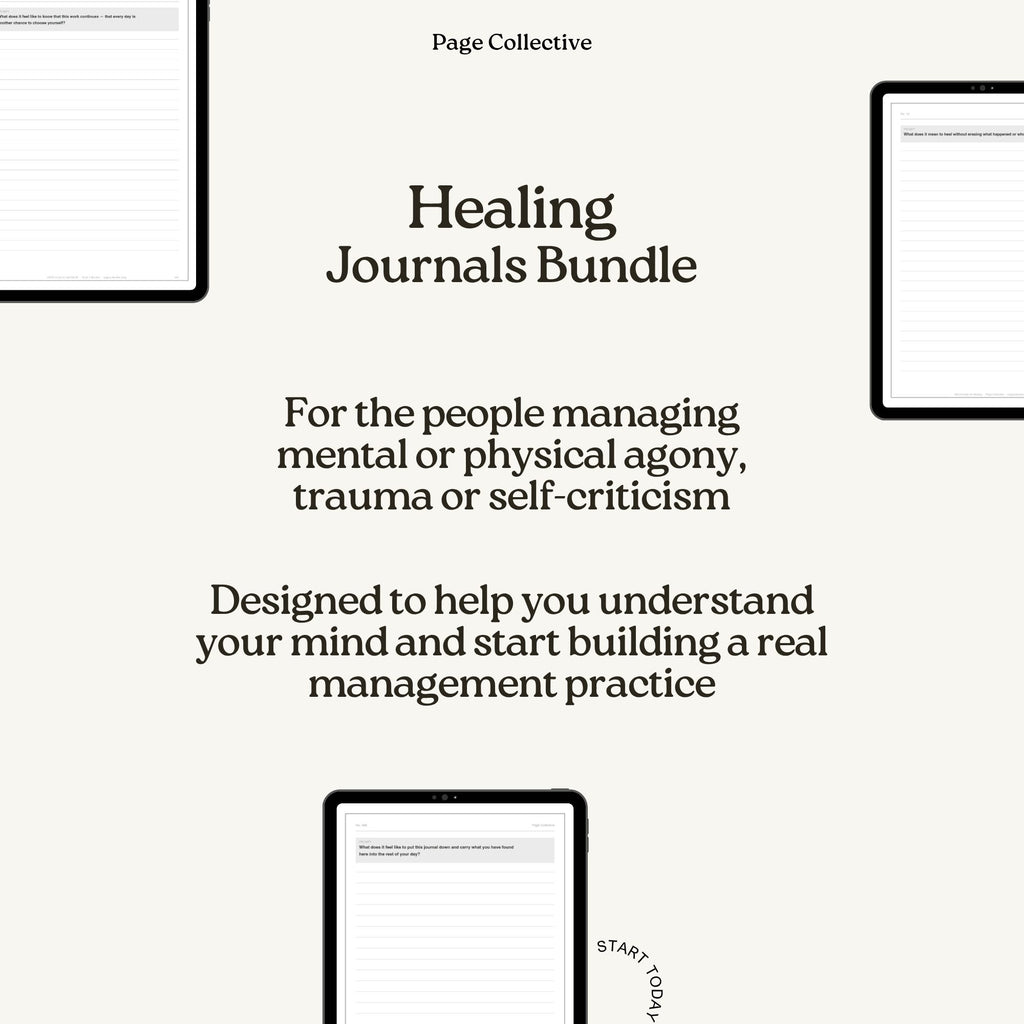 Promotional graphic for 'Healing Journals Bundle' by Page Collective on a white background.