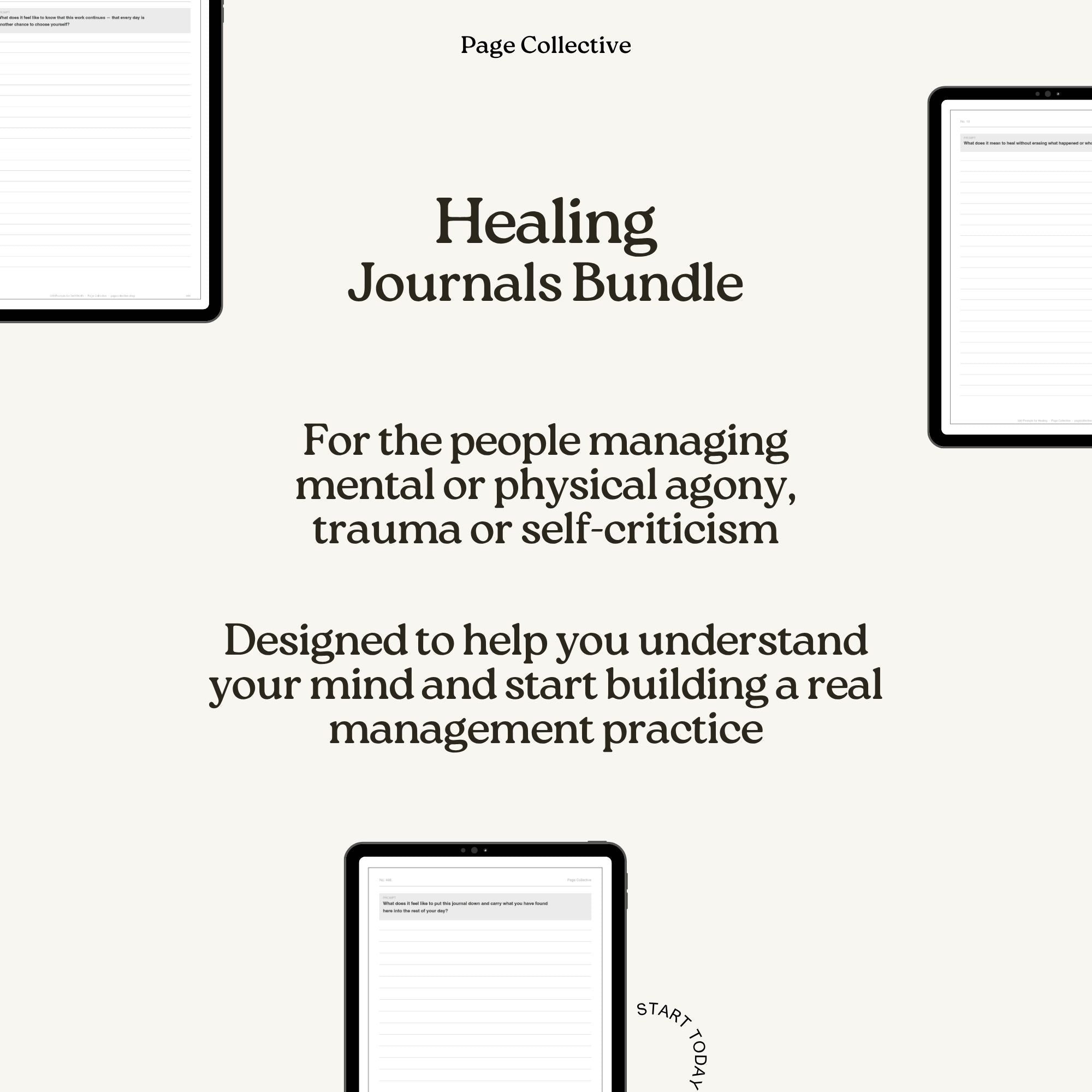 Promotional graphic for 'Healing Journals Bundle' by Page Collective on a white background.