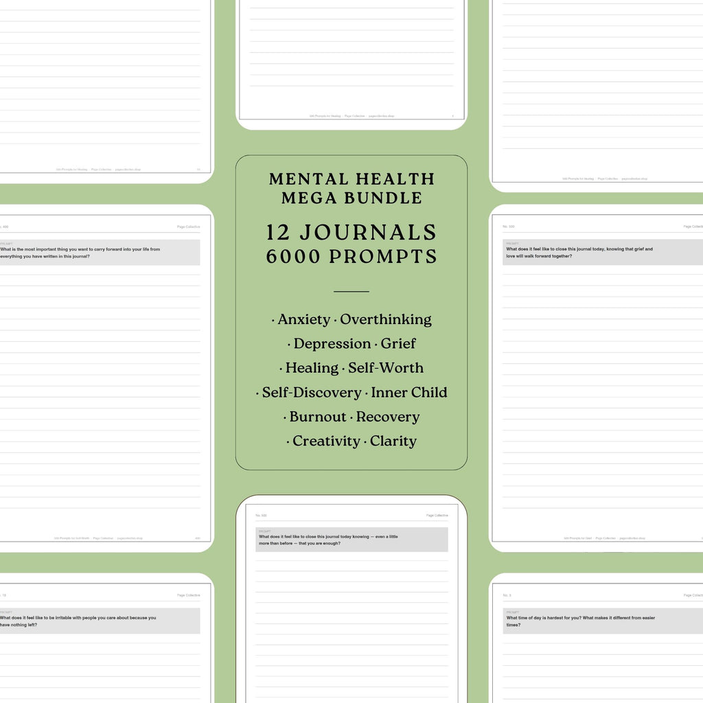 Mental health journal bundle with 12 journals and 6000 prompts on a white background.