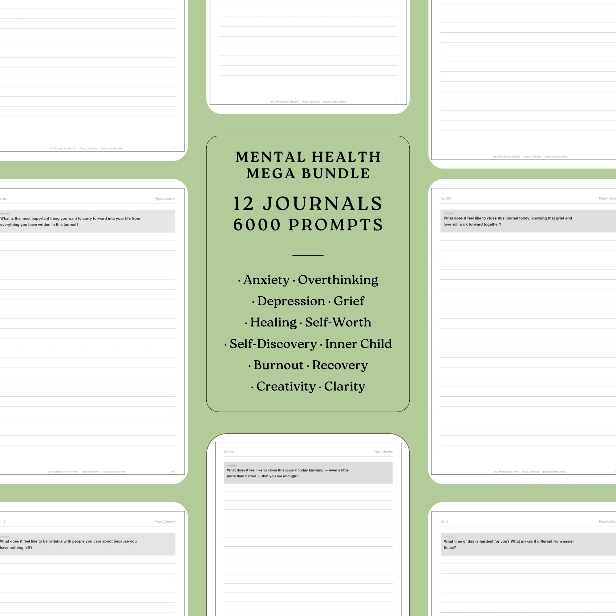 Mental health journal bundle with 12 journals and 6000 prompts on a white background.