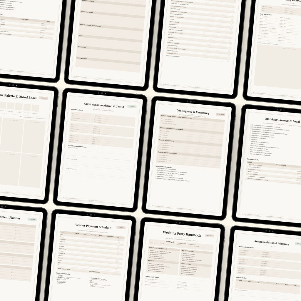 Grid of iPad screens with pages of Page Collective Wedding Planner on them