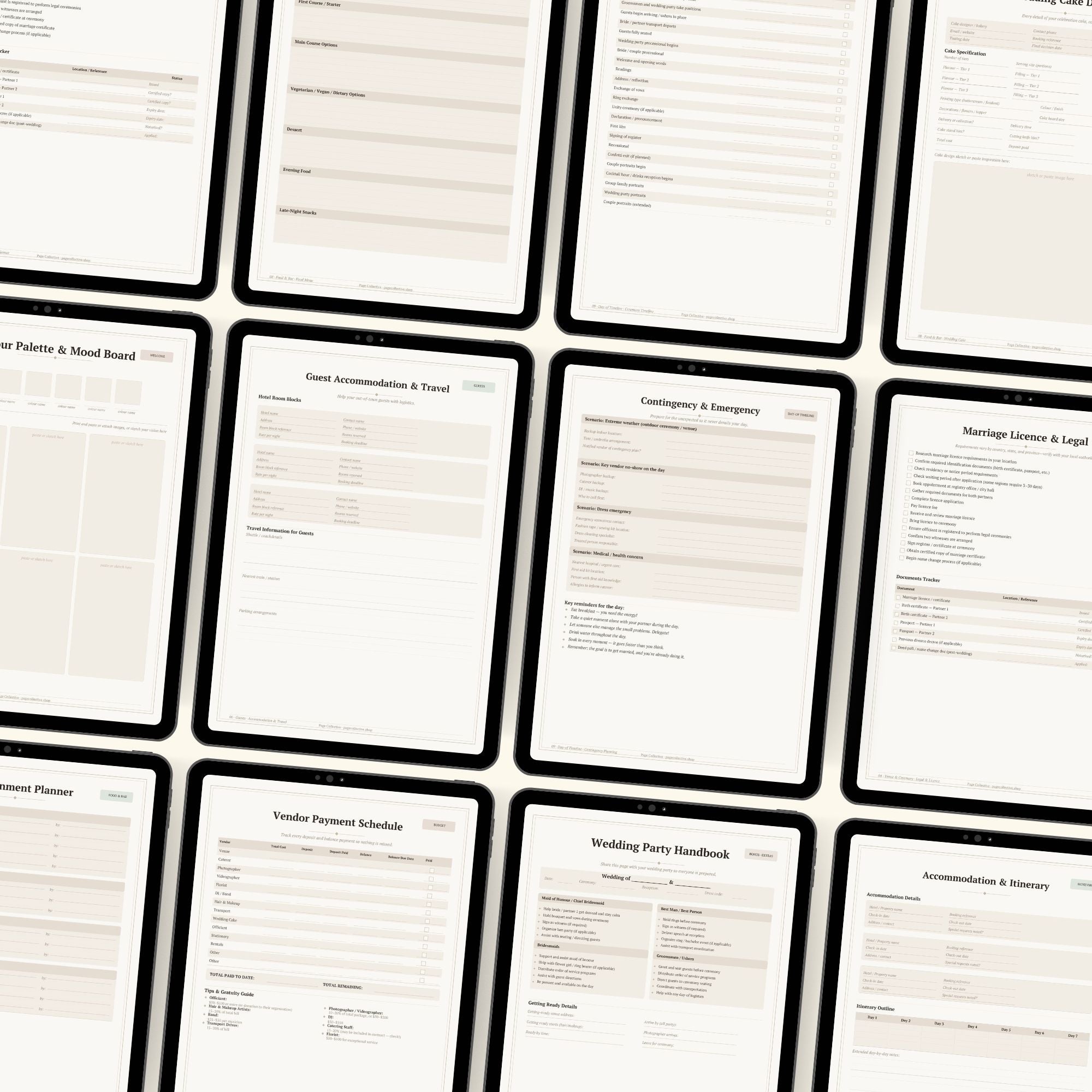 Grid of iPad screens with pages of Page Collective Wedding Planner on them
