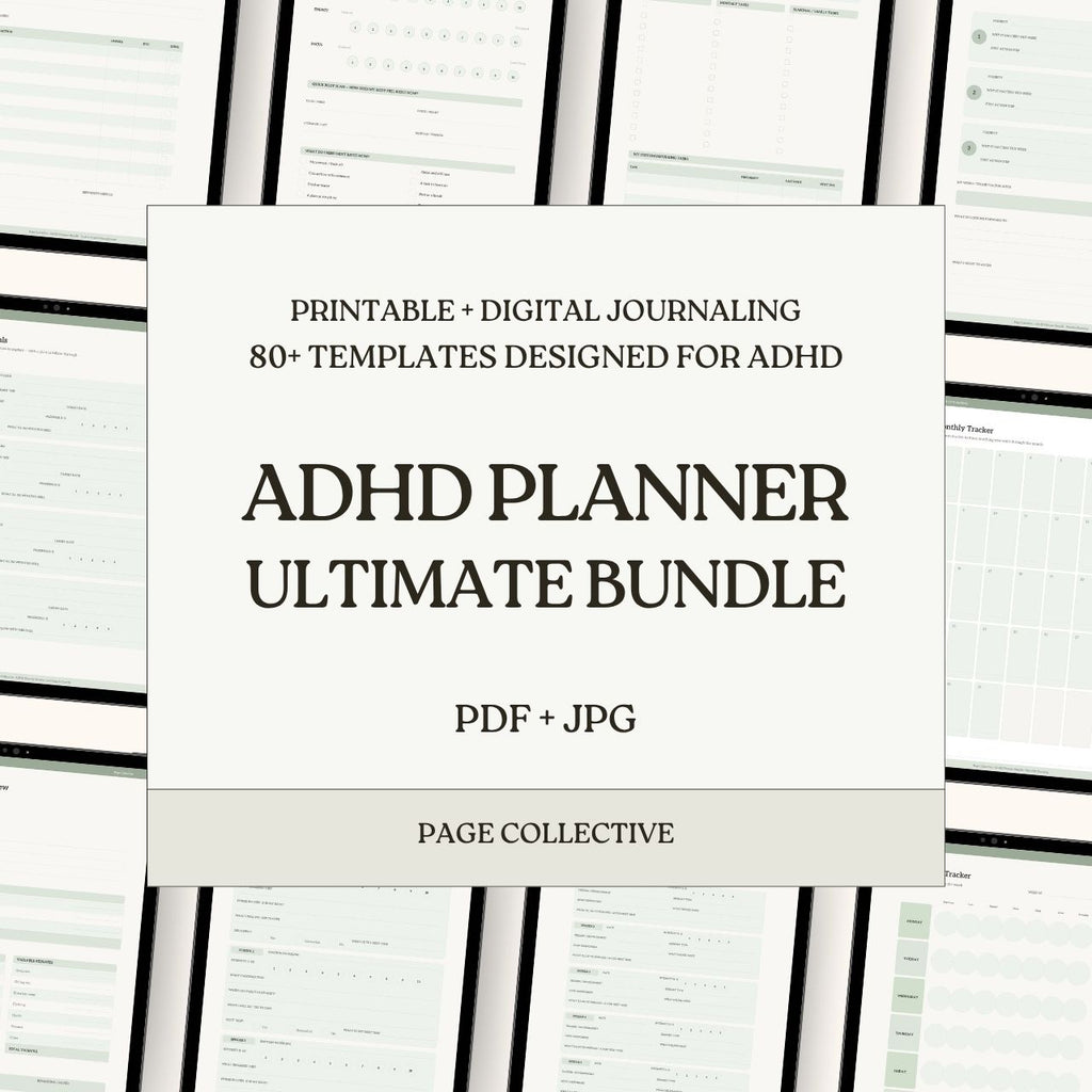 ADHD planner ultimate bundle with text on a white background