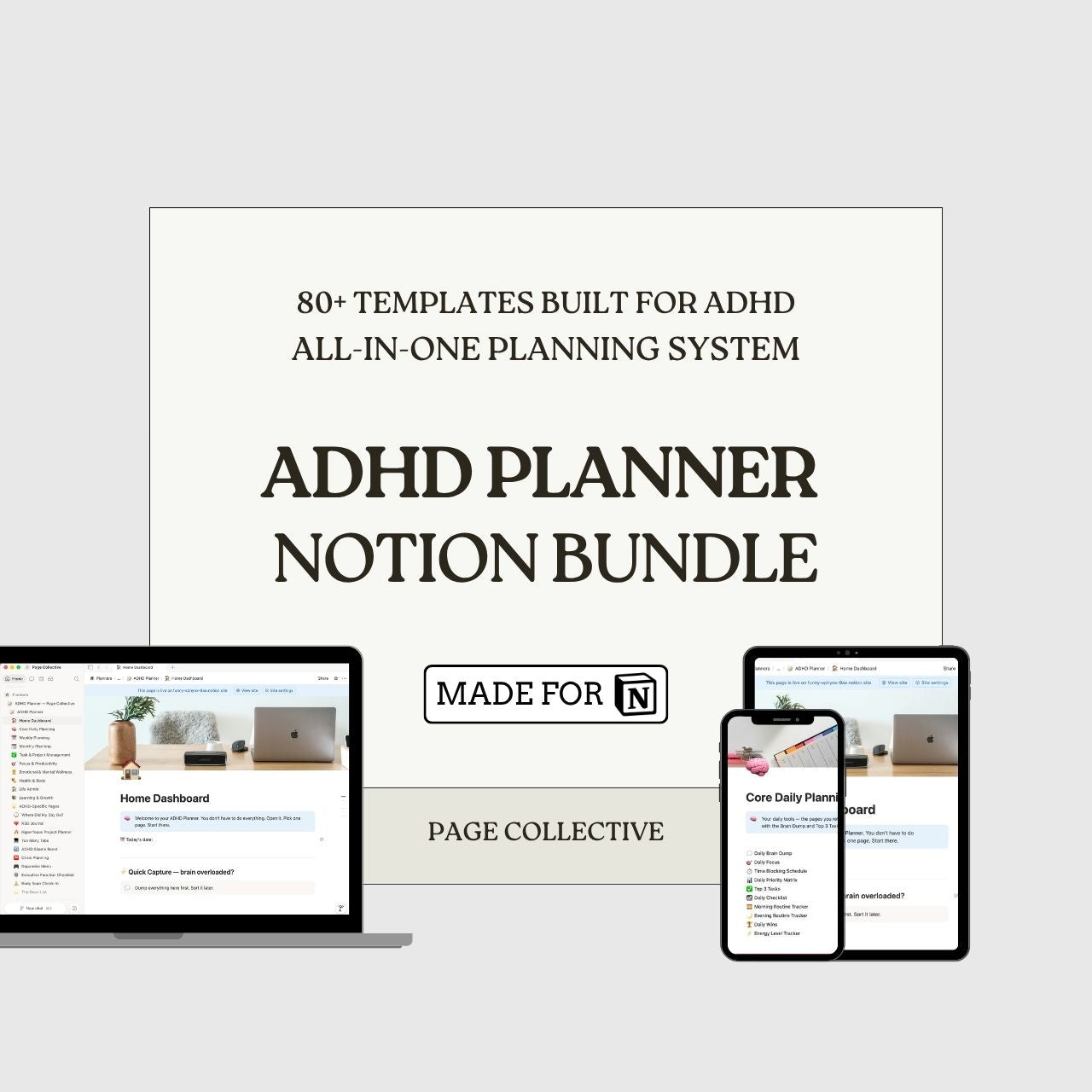 ADHD Planner Notion Bundle with digital devices on a light gray background