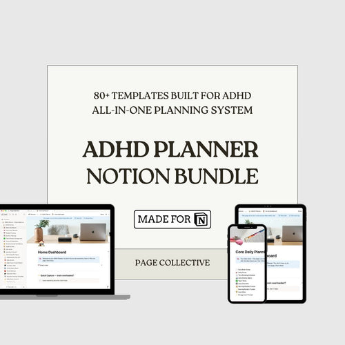ADHD Planner Notion Bundle with digital devices on a light gray background