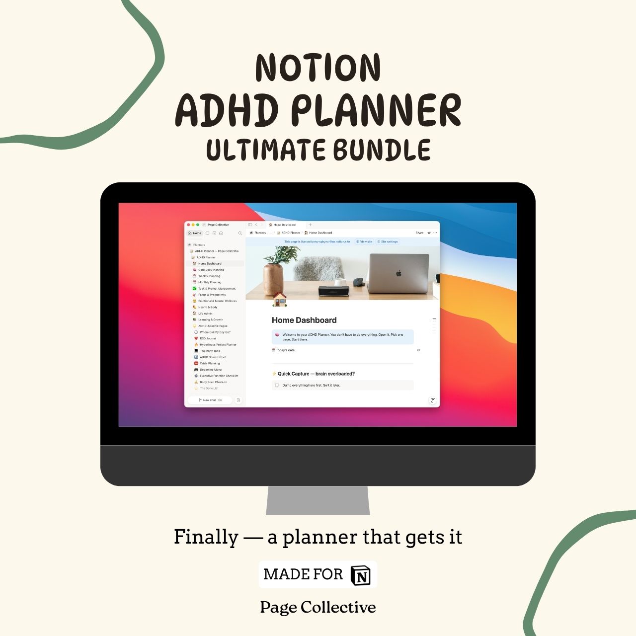 Advertisement for Notion ADHD Planner Ultimate Bundle with a computer screen displaying a planner interface.