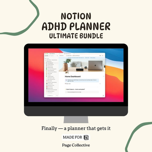 Advertisement for Notion ADHD Planner Ultimate Bundle with a computer screen displaying a planner interface.
