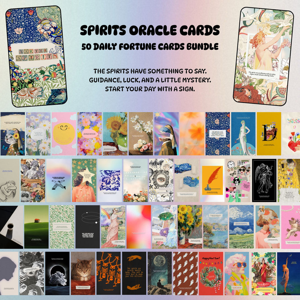 Collection of Spirits Oracle Cards with a variety of designs and text.