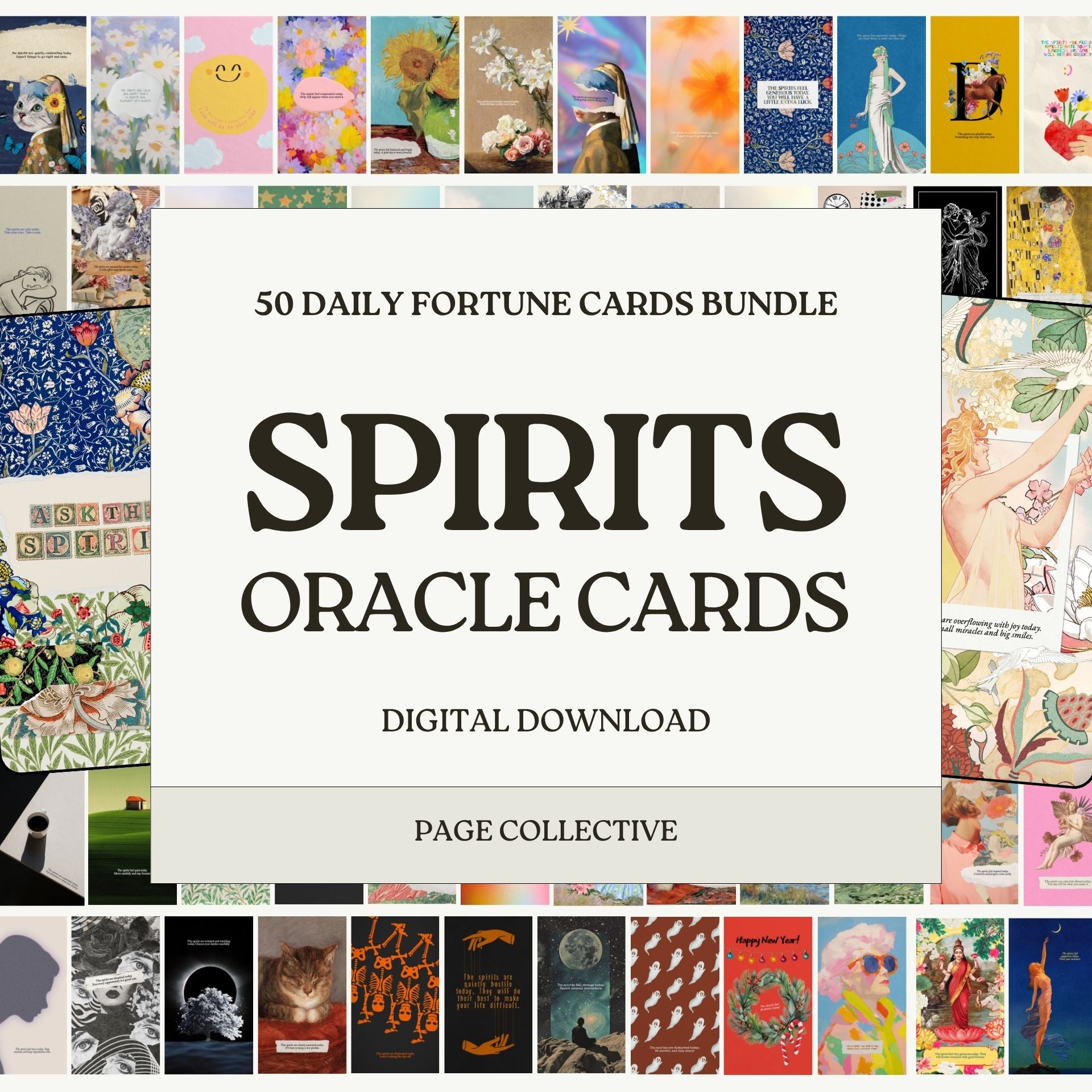 Collection of colorful oracle cards with a digital download bundle title on a white background.