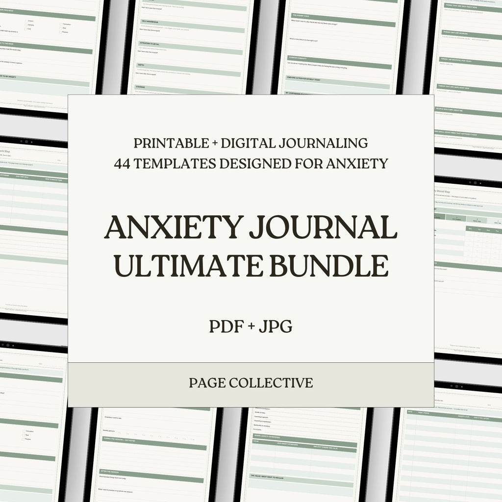 Anxiety journal ultimate bundle packaging with text on a striped background
