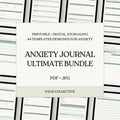 Anxiety journal ultimate bundle packaging with text on a striped background