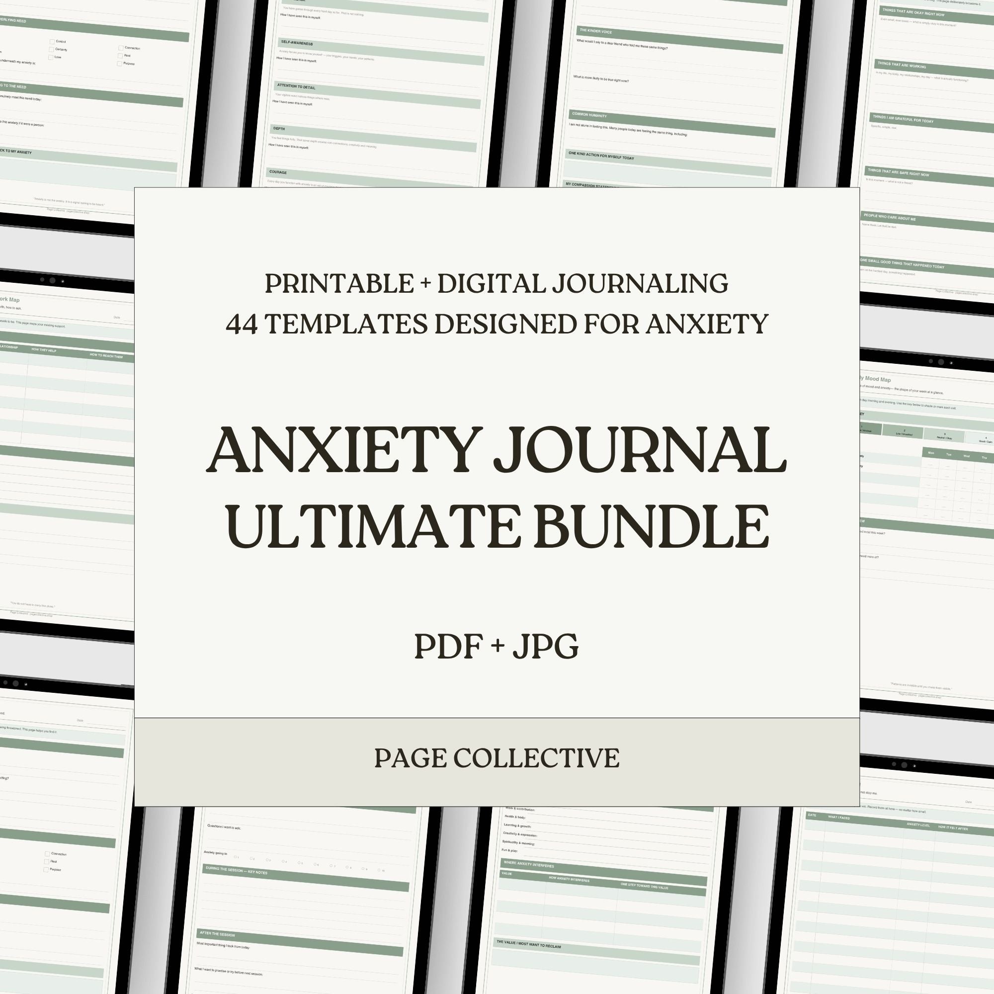 Anxiety journal ultimate bundle packaging with text on a striped background