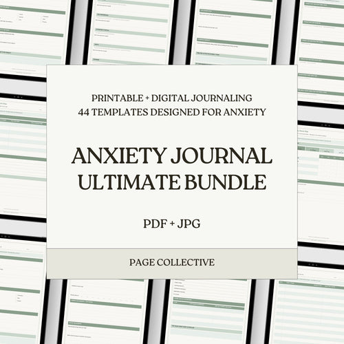 Anxiety journal ultimate bundle packaging with text on a striped background